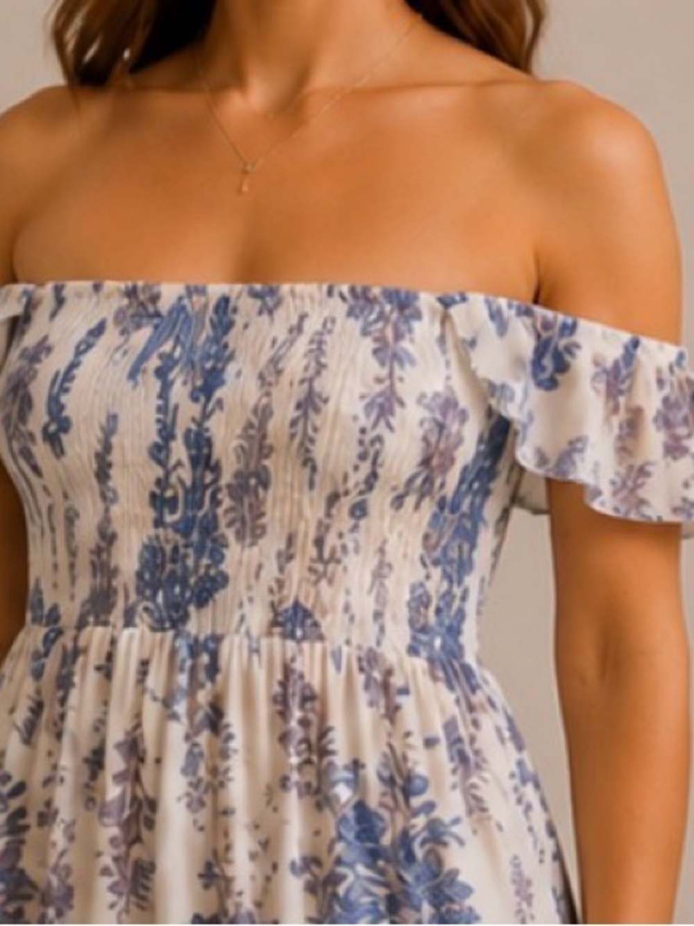 Smocked Square-Neck Floral Maxi Dress in Blue and Cream “The Bloom Collection “ - Picture 4 of 6